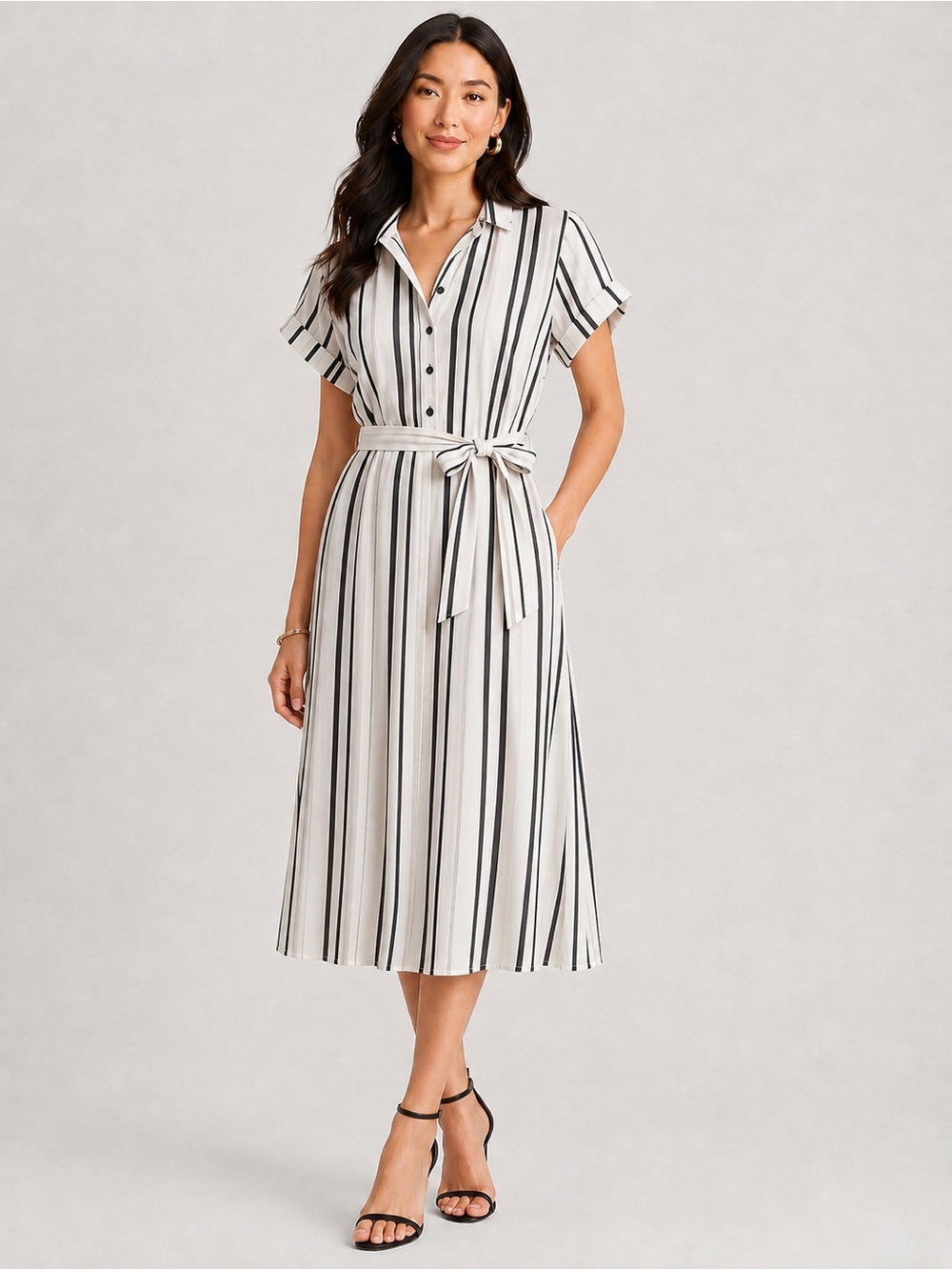 NWT Ann Taylor Striped Shirt Dress in Black and White crépe
